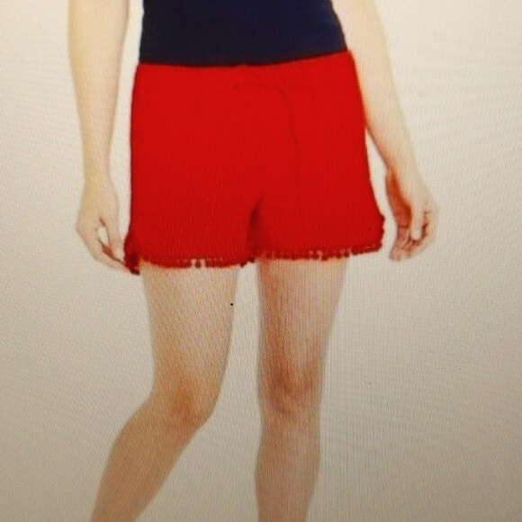 J. Crew - pull-on linen blend shorts - red - pompom trim - Small - Picture 1 of 6